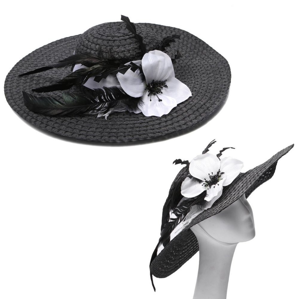 Woven Faux Straw Large Brim Hat Feathers Flowers Queens Plate Summer Black White